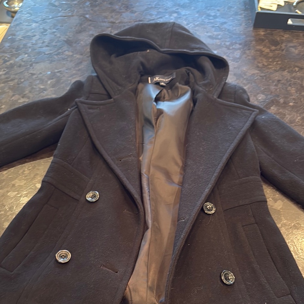 Michael Kors Black Pea Coat with Double-breasted Design and Large Lapels